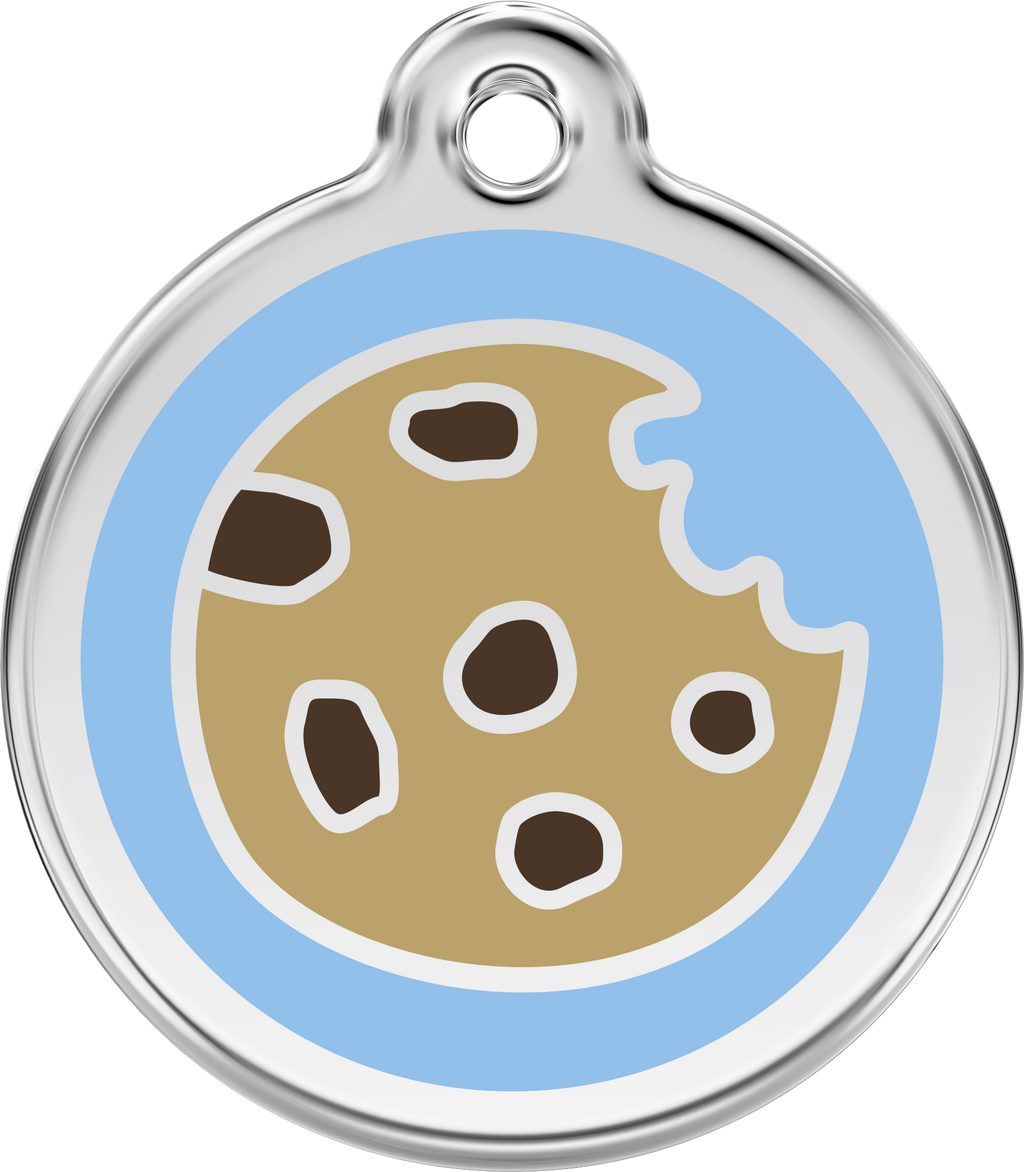 Stainless steel dog ID tag with blue enamel cookie design and hanging loop