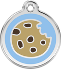 Stainless steel dog ID tag with blue enamel cookie design and hanging loop