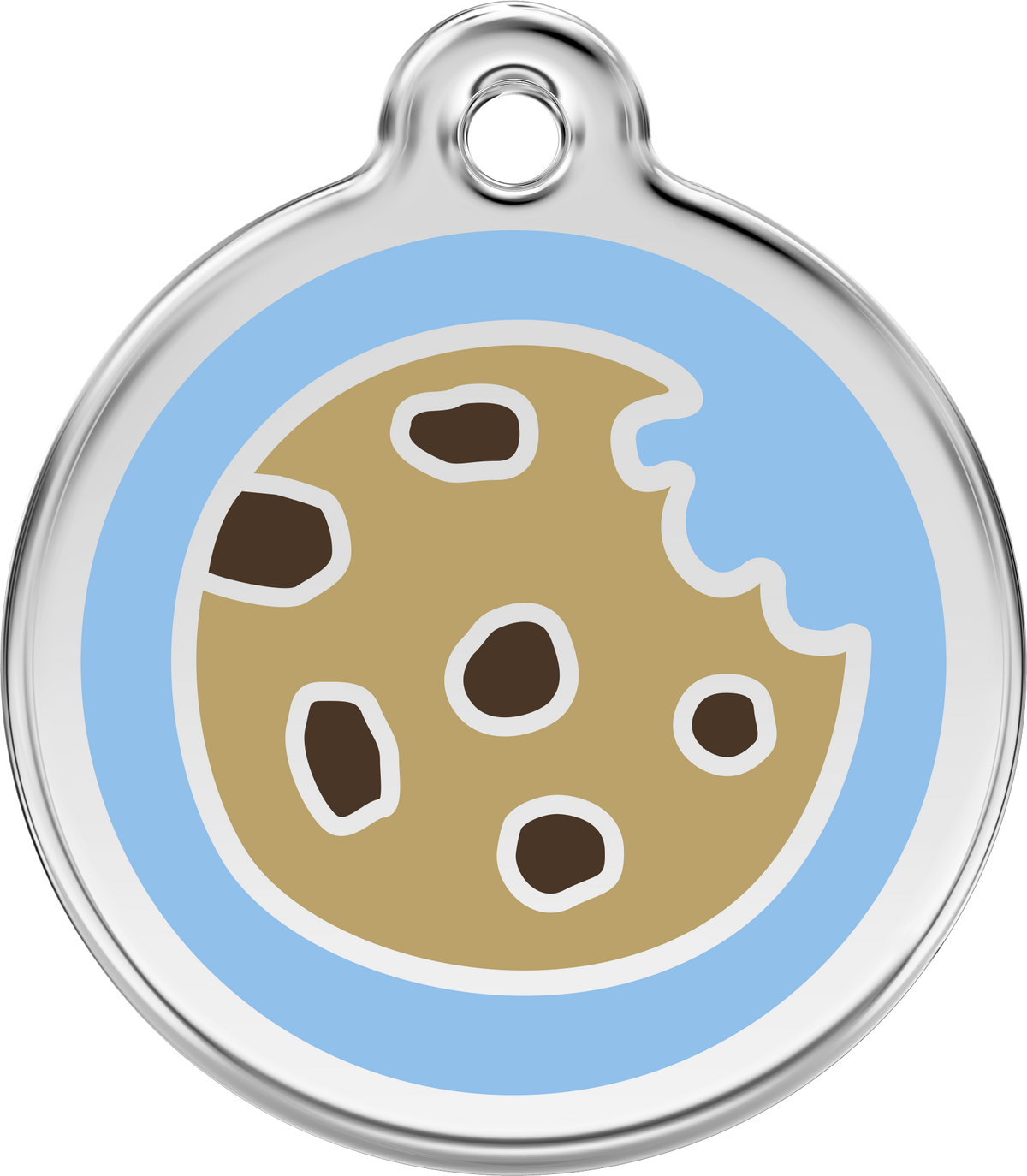 Stainless steel dog ID tag with blue enamel cookie design and hanging loop