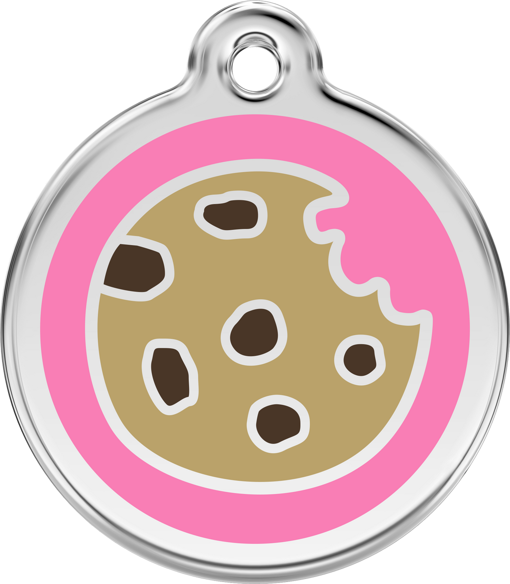 Red Dingo stainless steel enamel dog ID tag with pink cookie graphic
