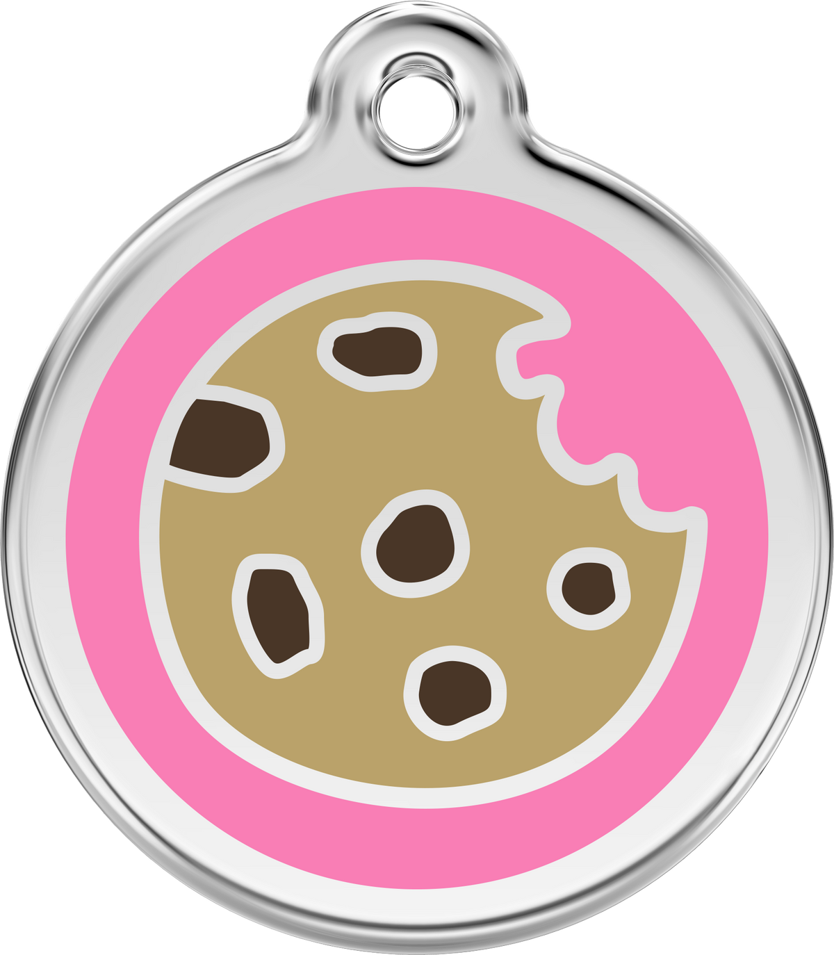 Red Dingo stainless steel enamel dog ID tag with pink cookie graphic