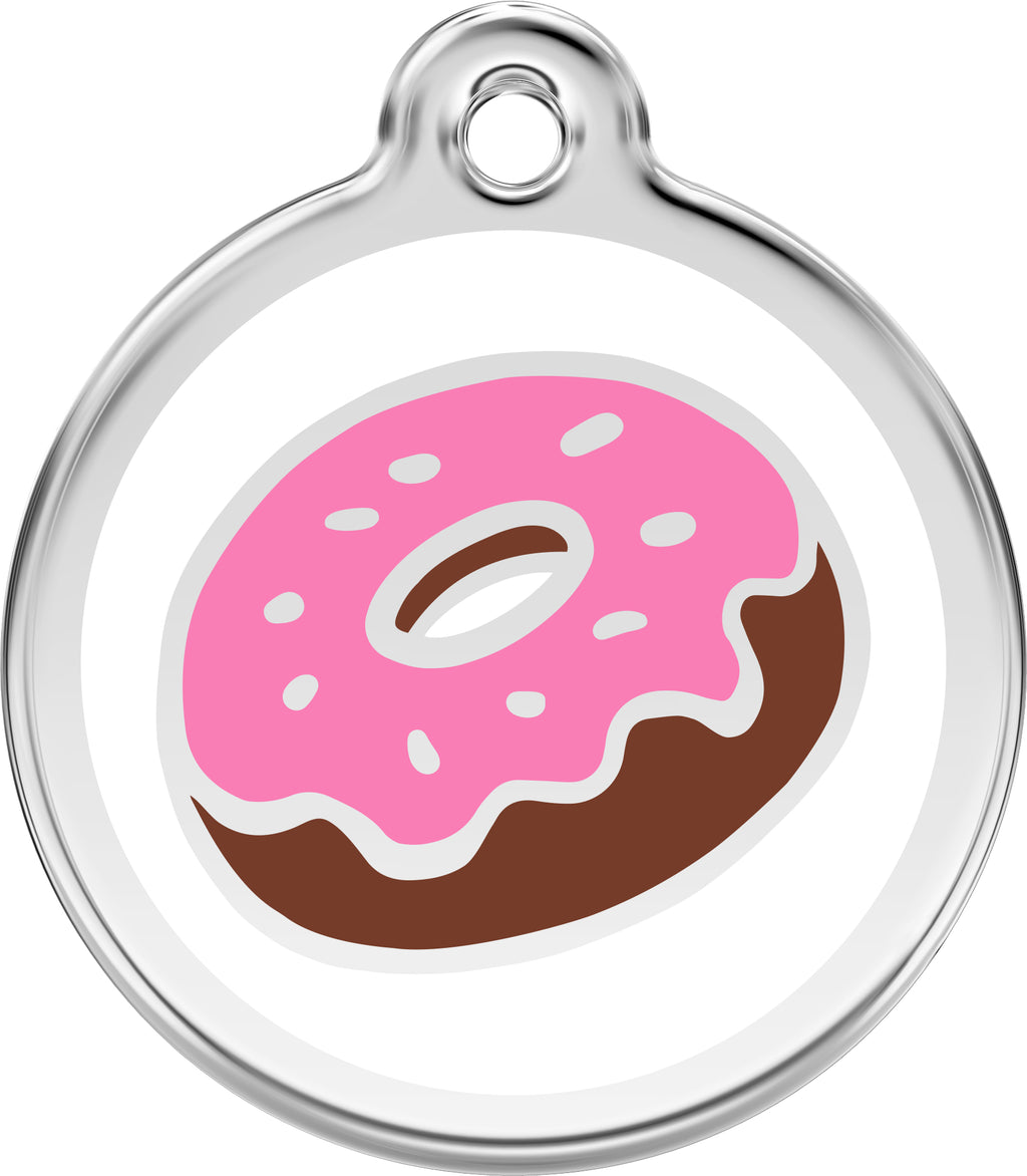 Stainless steel donut dog ID tag with pink enamel frosted donut illustration