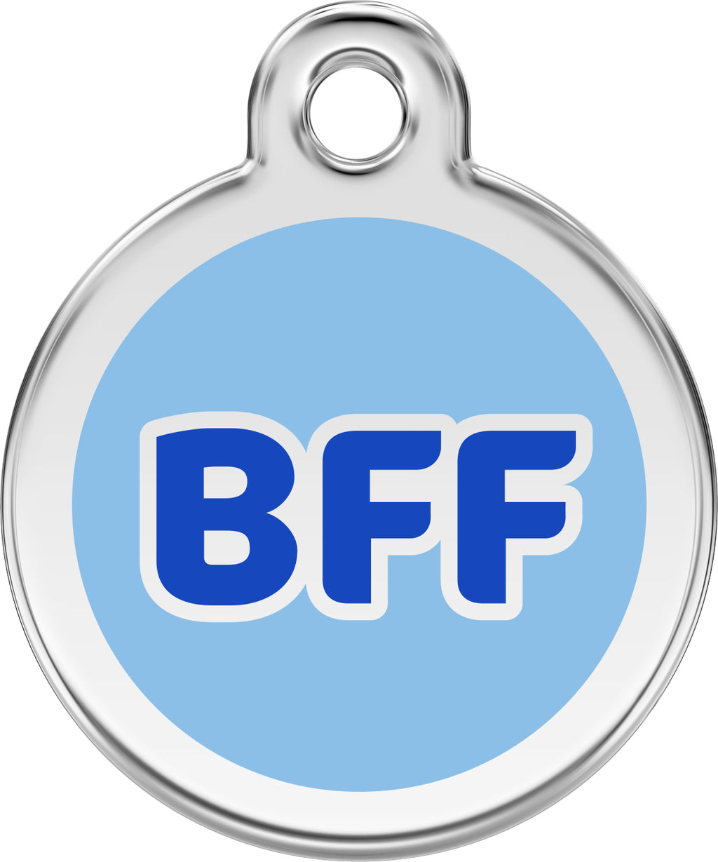 Stainless steel dog tag with round blue enamel and white 'BFF' lettering
