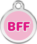 Pink enamel BFF dog tag with stainless steel ring and bold BFF lettering