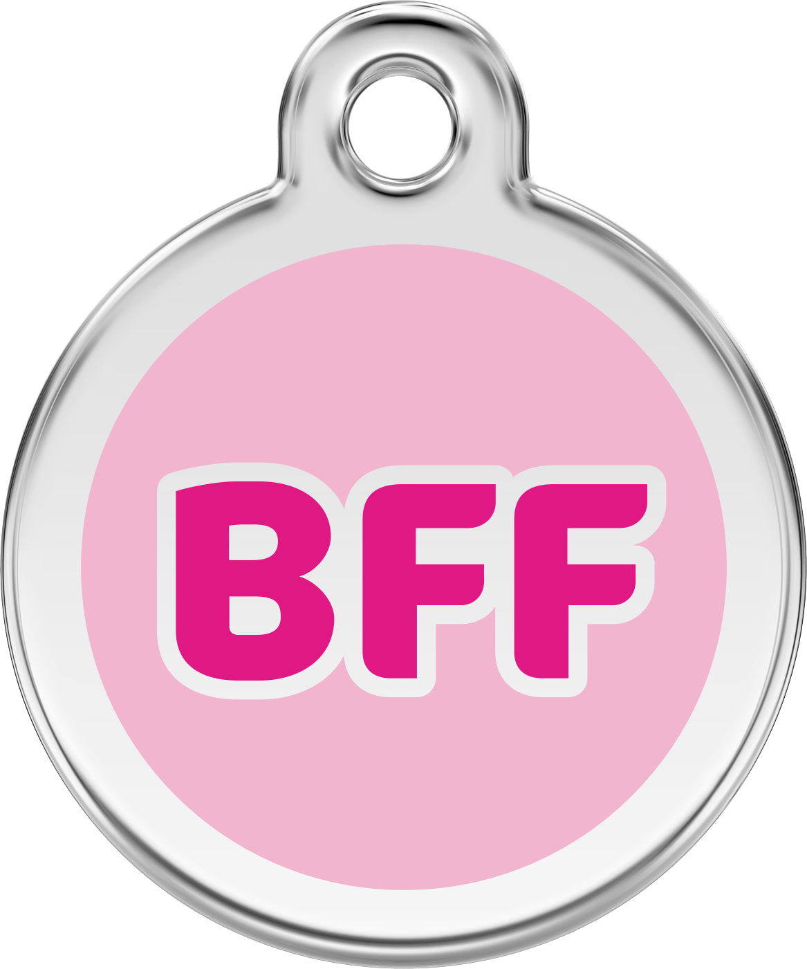 Pink enamel BFF dog tag with stainless steel ring and bold BFF lettering