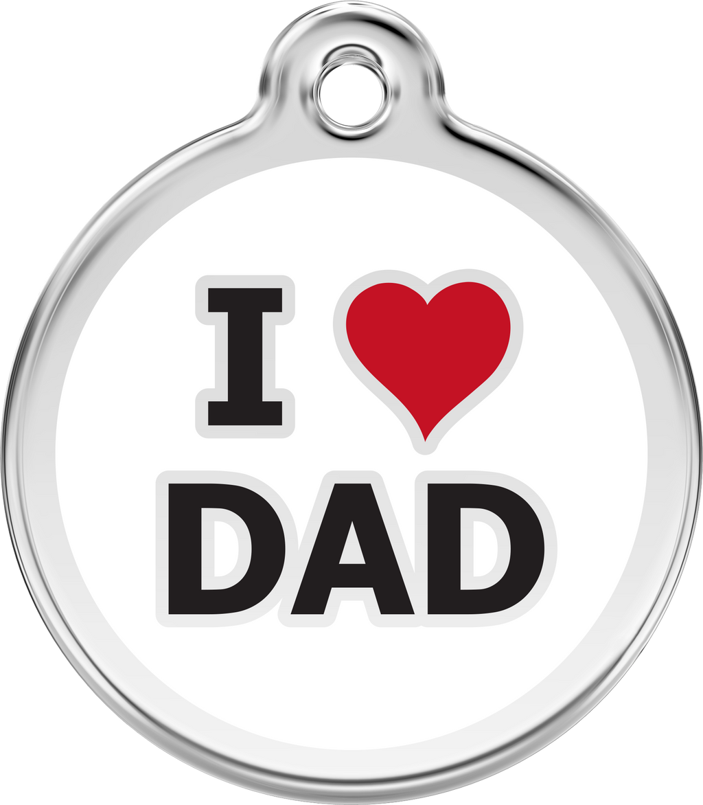 Round stainless steel dog tag with red heart and I DAD enamel text