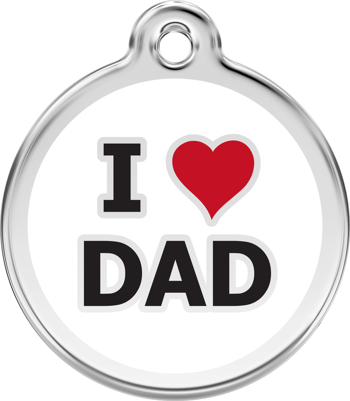 Round stainless steel dog tag with red heart and I DAD enamel text