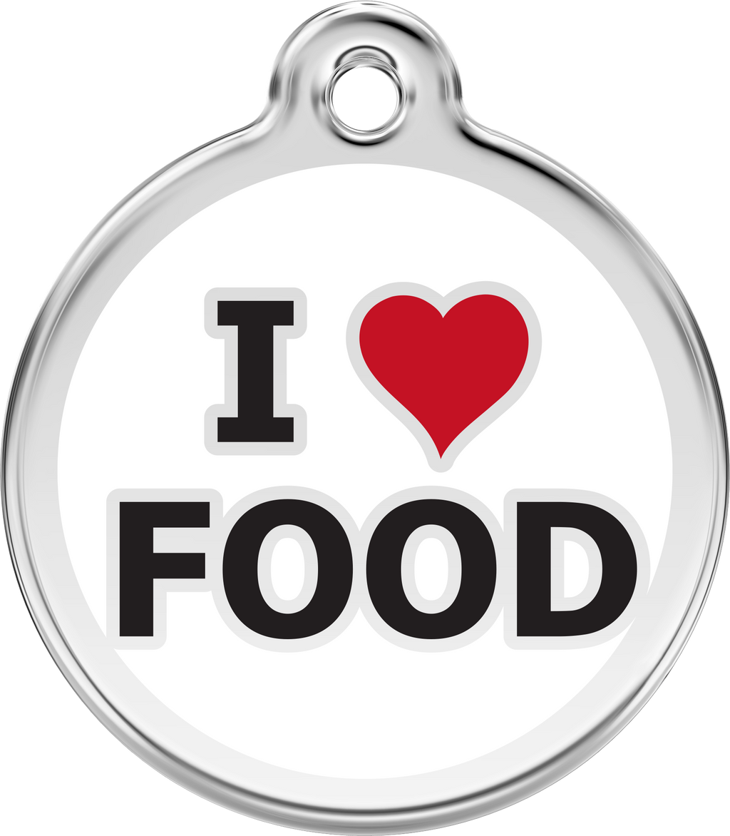 Stainless steel round dog tag with red heart enamel and text 'I ♥ FOOD'.