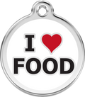Stainless steel round dog tag with red heart enamel and text 'I ♥ FOOD'.