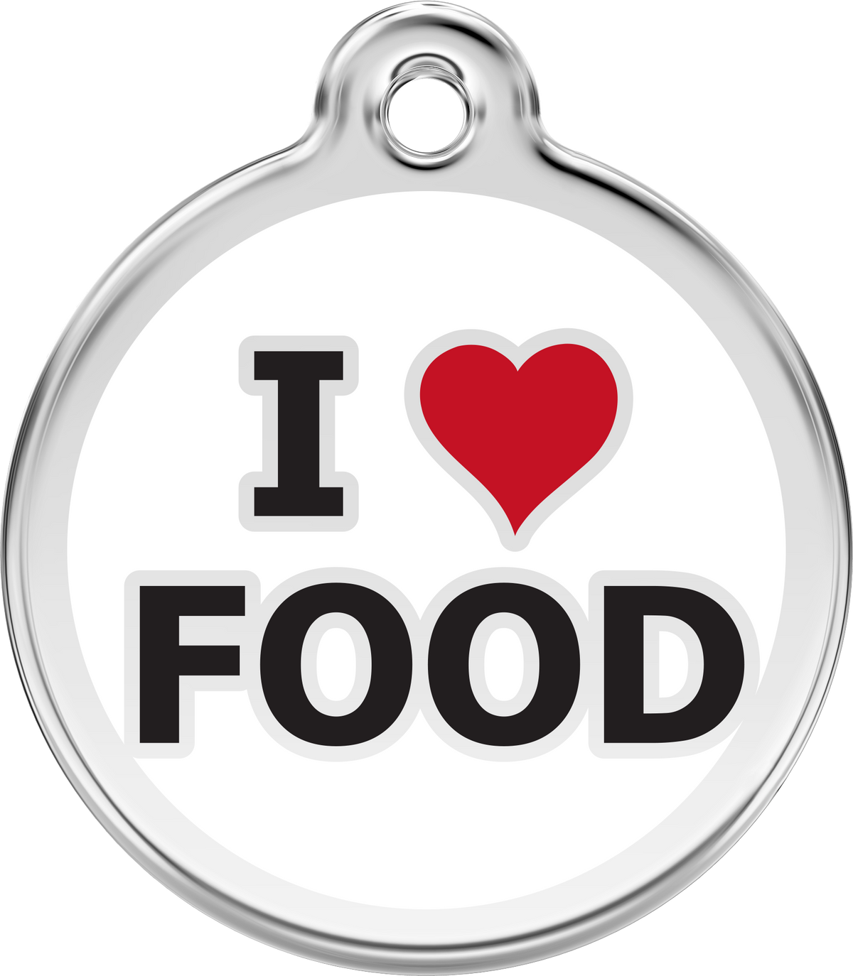Stainless steel round dog tag with red heart enamel and text 'I ♥ FOOD'.