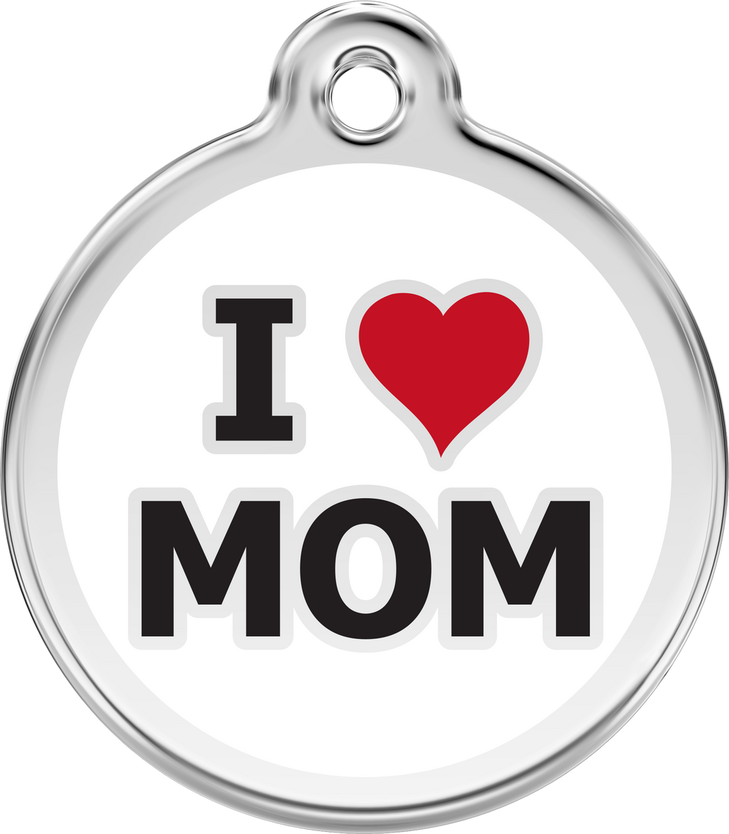 Stainless steel dog ID tag with red heart and letters I MOM