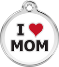 Stainless steel dog ID tag with red heart and letters I MOM