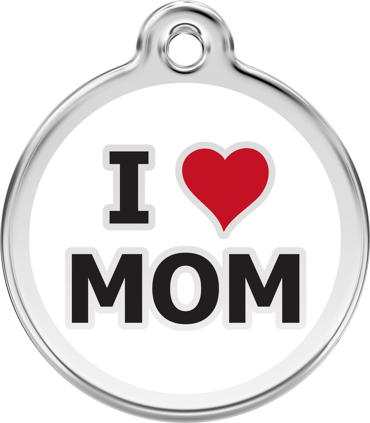 Stainless steel dog ID tag with red heart and letters I MOM