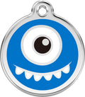 Stainless steel dog tag with blue enamel monster design and hanging eye charm