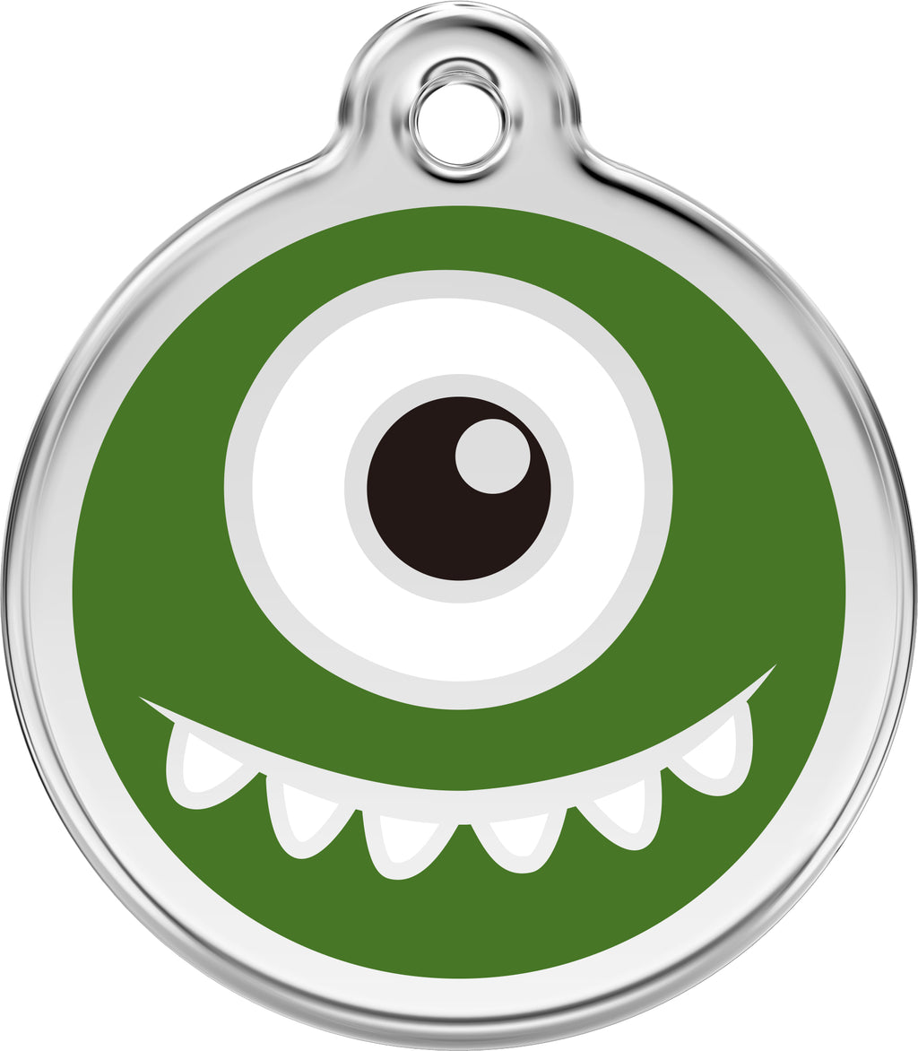 Round stainless steel ID tag with green enamel monster face design