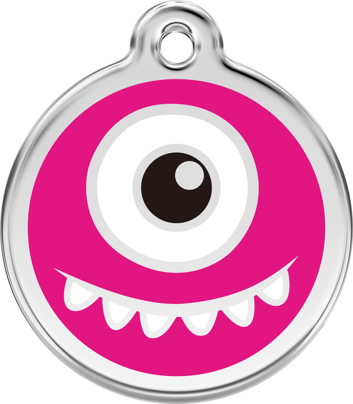 Pink monster enamel dog ID tag with big eye design on silver stainless steel