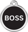 Black enamel dog tag with stainless steel rim, 'BOSS' text
