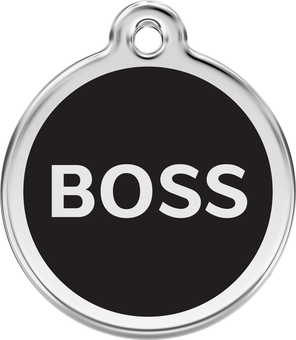 Black enamel dog tag with stainless steel rim, 'BOSS' text