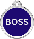 Stainless steel and enamel dog tag with dark blue circle and “BOSS” label