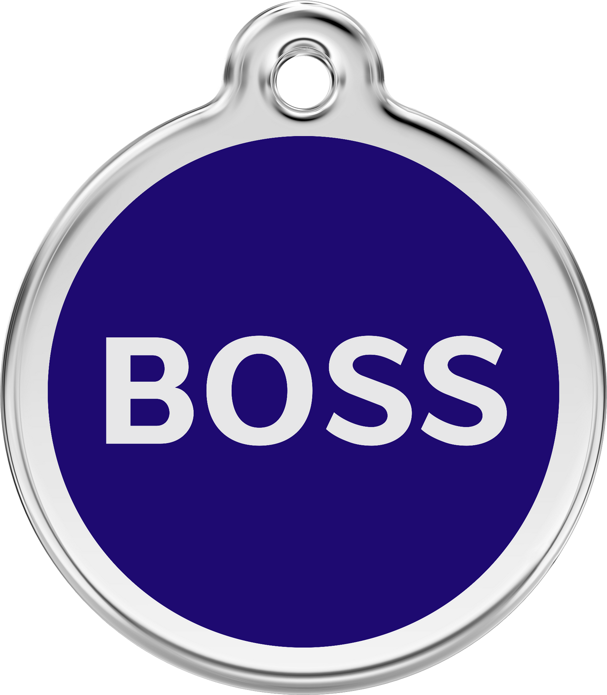 Stainless steel and enamel dog tag with dark blue circle and “BOSS” label