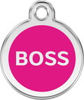 Pink enamel dog tag with stainless steel loop, featuring “BOSS” text