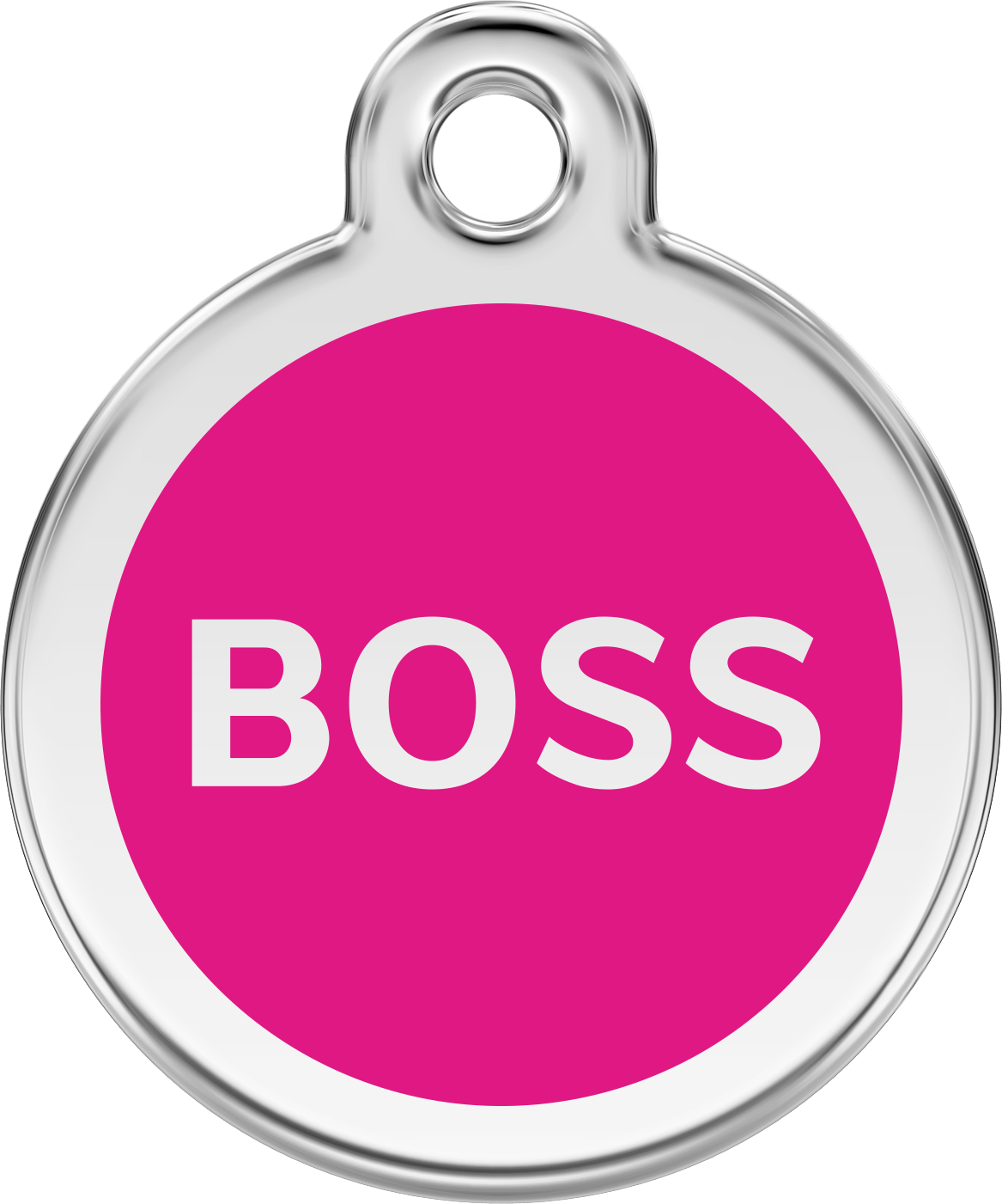 Pink enamel dog tag with stainless steel loop, featuring “BOSS” text