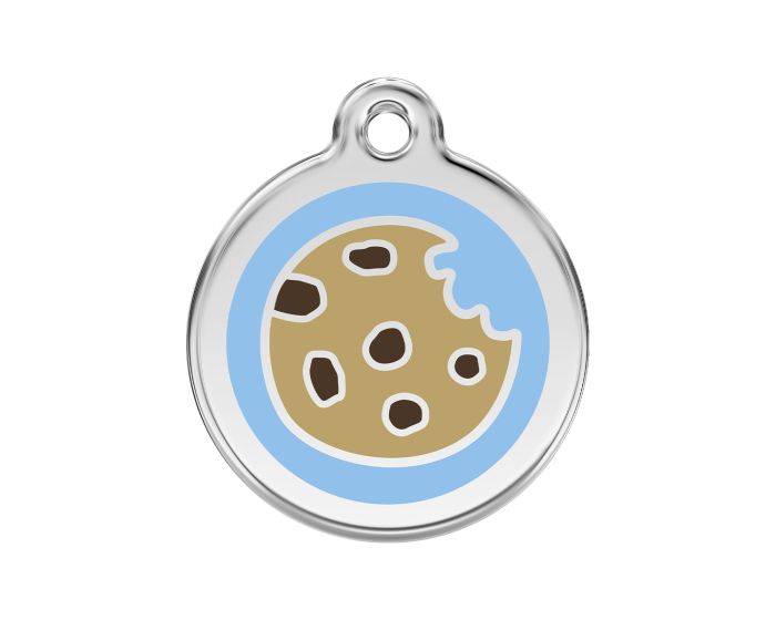 Round stainless steel ID tag with blue enamel cookie graphic and top hole