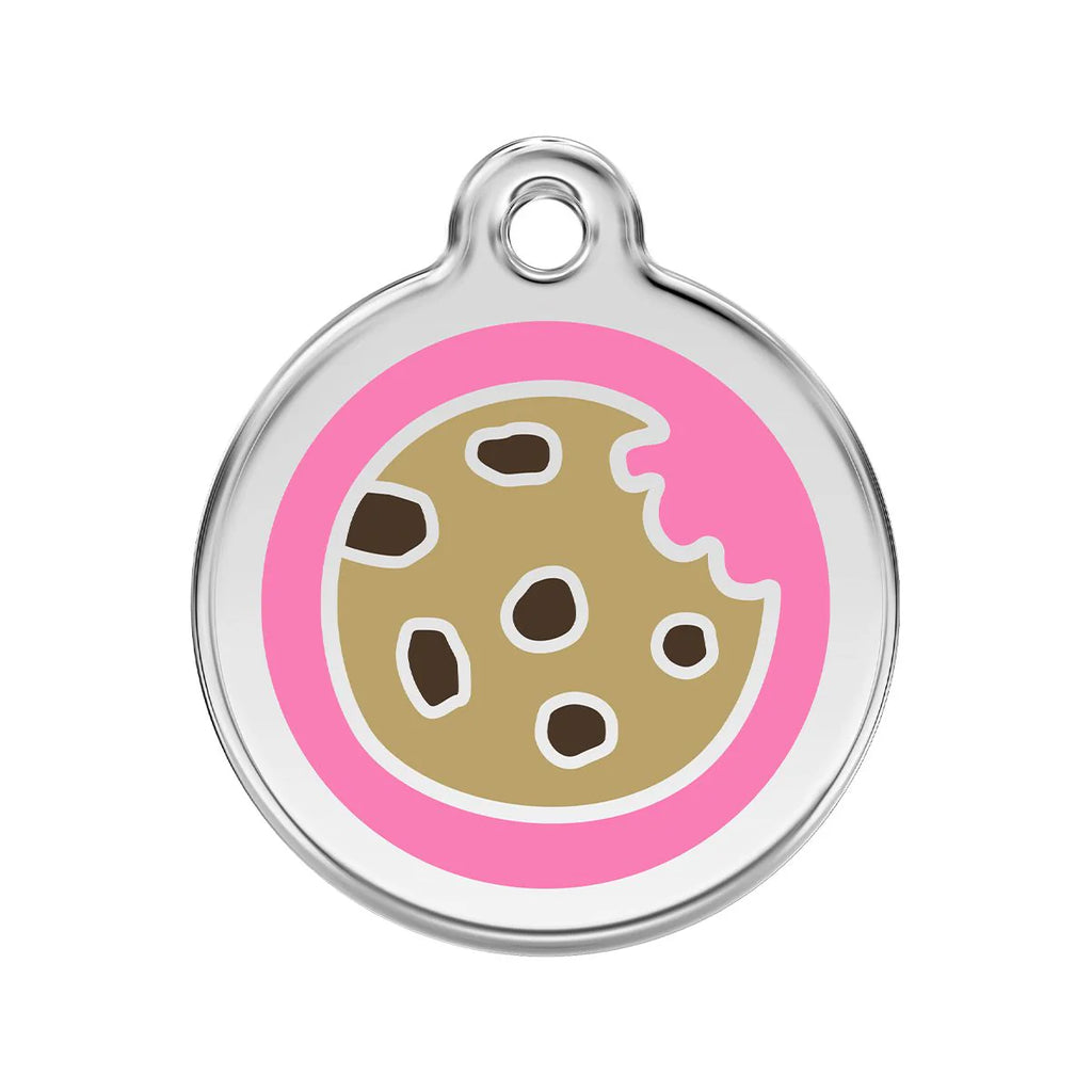 Round stainless steel enamel dog ID tag with pink cookie graphic