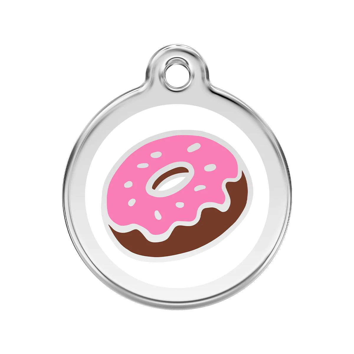 Stainless steel donut dog ID tag, round with pink frosted donut and brown topping