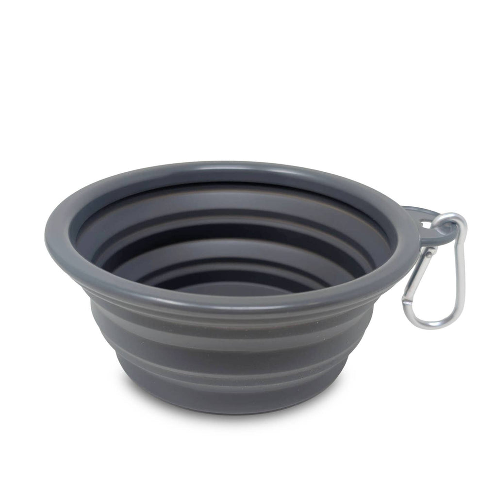 Gray collapsible dog water bowl in stacked form with side handle carabiner loop.
