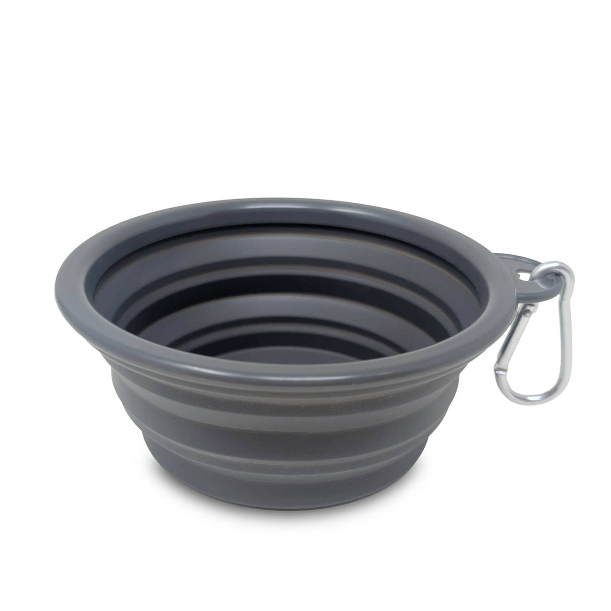Gray collapsible dog water bowl in stacked form with side handle carabiner loop.