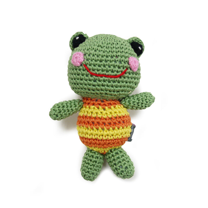 Crochet frog dog toy with smiling face, green body and pink cheeks, orange-yellow belly