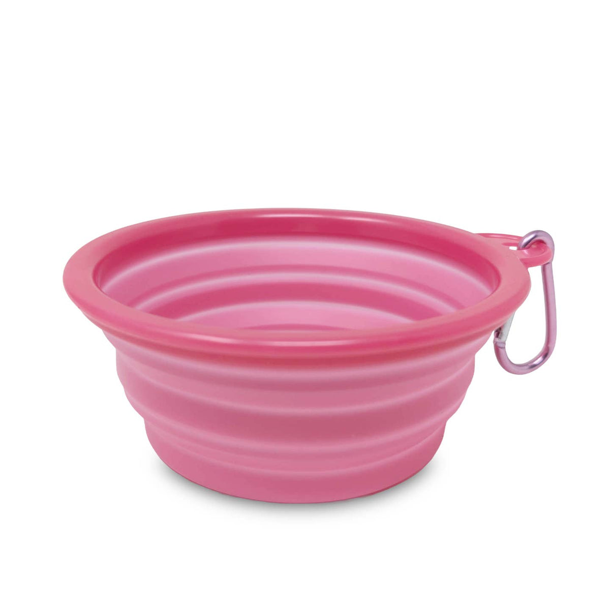 Pink collapsible dog water bowl in open shape with side carabiner clip.