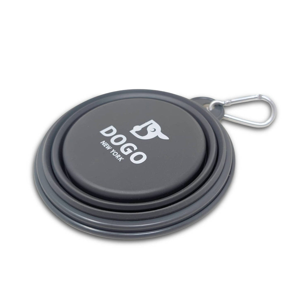 Gray collapsible dog water bowl with DOGO NEW YORK logo on the lid and clip.