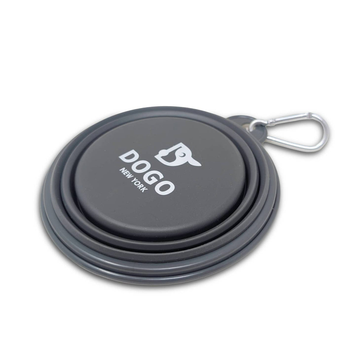 Gray collapsible dog water bowl with DOGO NEW YORK logo on the lid and clip.