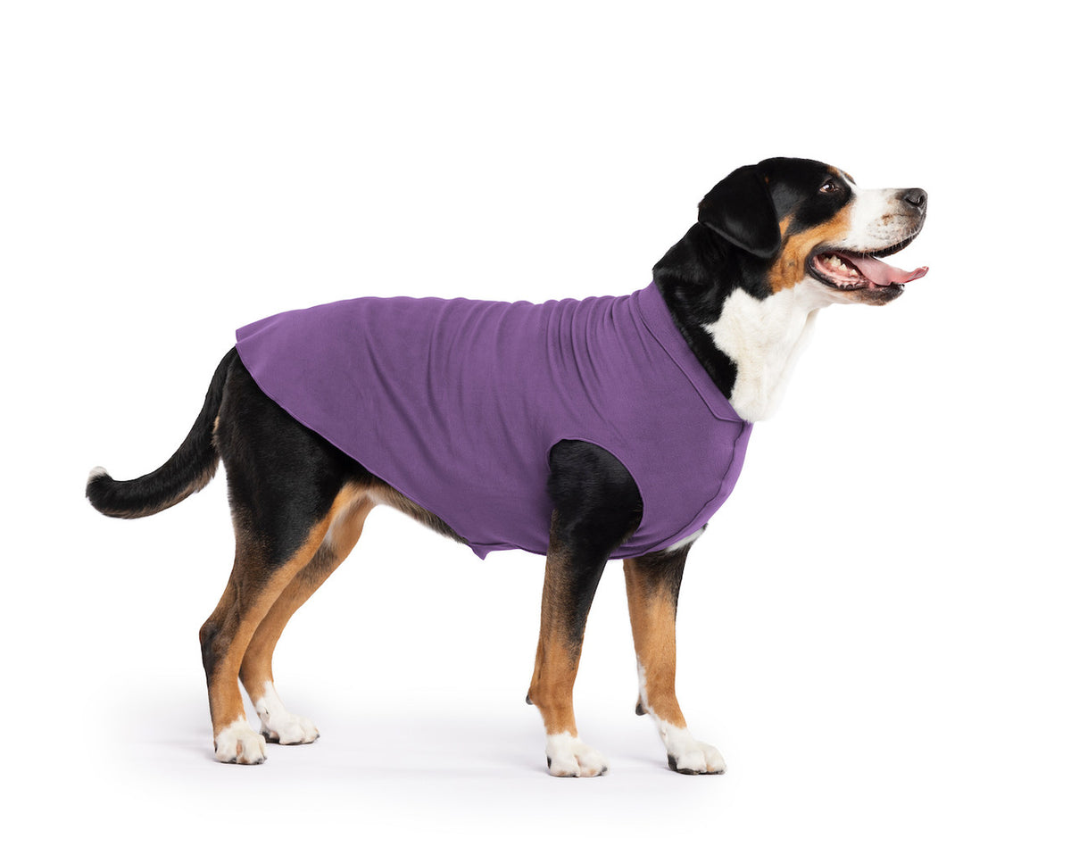 Stretch fleece dog coat in purple, side view with tail and raised posture