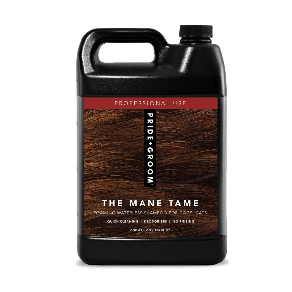 THE MANE TAME waterless foaming shampoo bottle for dogs and cats, front label view