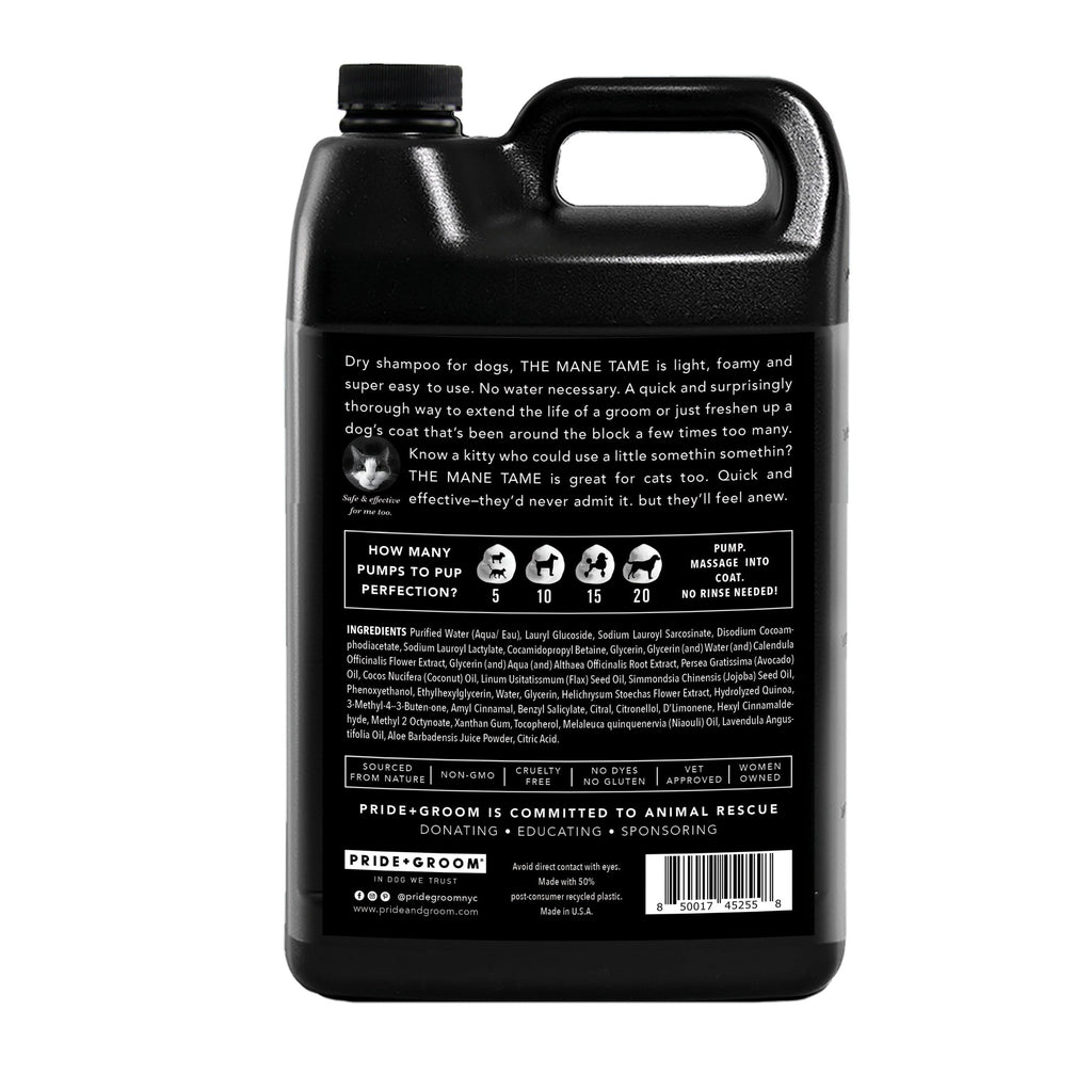 THE MANE TAME waterless foaming shampoo bottle for dogs and cats, back label view