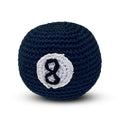 Crochet dog toy ball in dark navy with white 8-ball applique