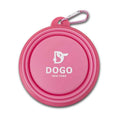 Pink collapsible dog water bowl with DOGO NEW YORK logo and metal carabiner clip.