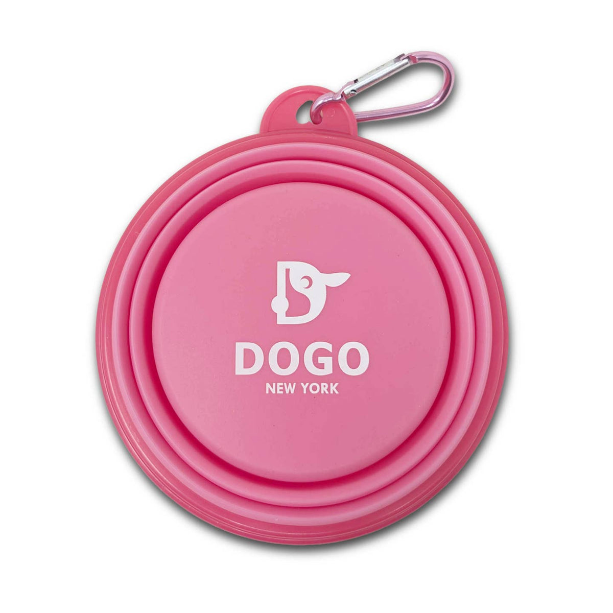 Pink collapsible dog water bowl with DOGO NEW YORK logo and metal carabiner clip.