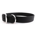 Black waterproof dog collar with metal buckle and adjustable strap, smooth grain finish