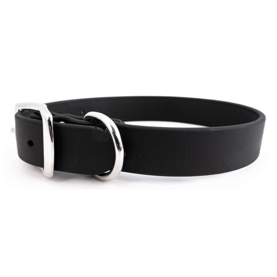 Black waterproof dog collar with metal buckle and adjustable strap, smooth grain finish