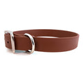 Brown waterproof dog collar with metal buckle and belt-style strap