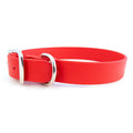 Red waterproof dog collar with silver metal buckle, smooth strap
