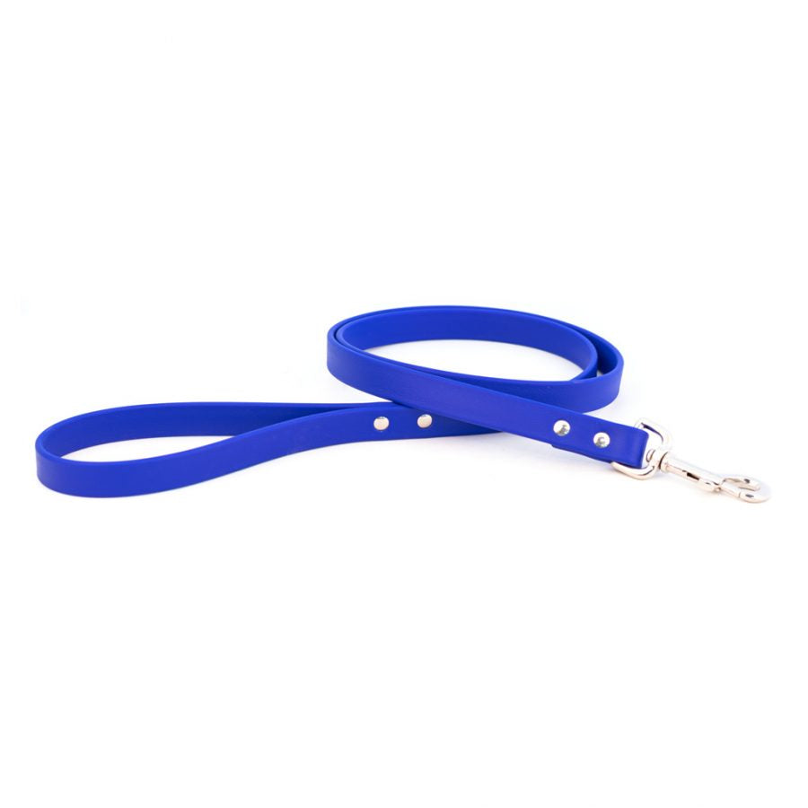 Blue waterproof dog leash with metal clasp and silver rings