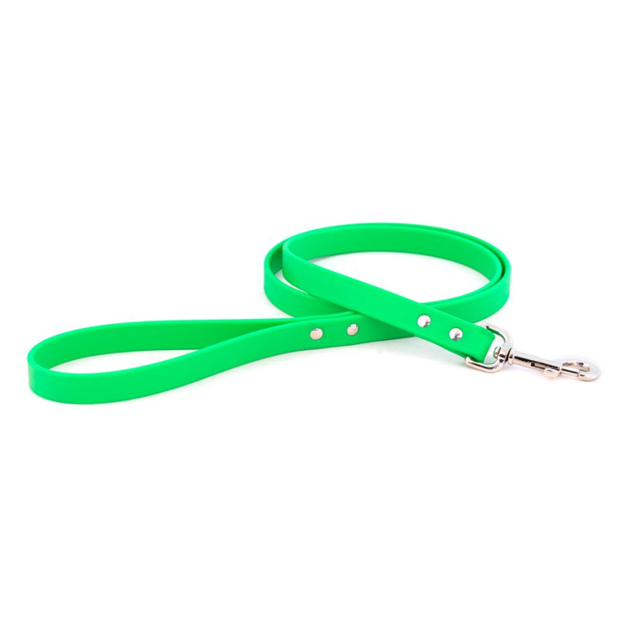 Green waterproof dog leash with metal clip and adjustable holes, flat webbing strap