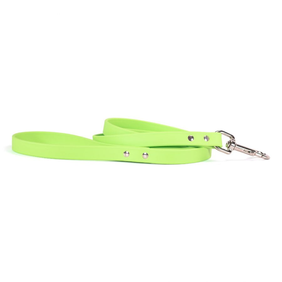 Lime green waterproof dog leash with silver clasp and grommets