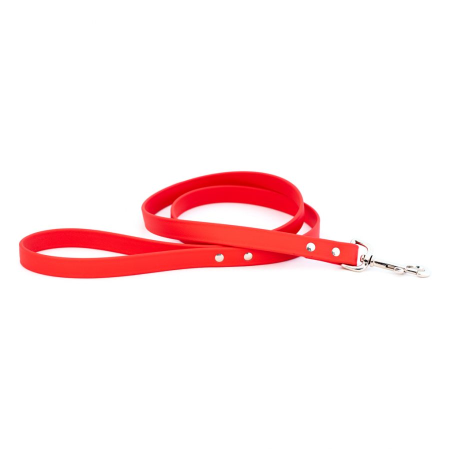Red waterproof dog leash with metal snap clasp and small grommet accents