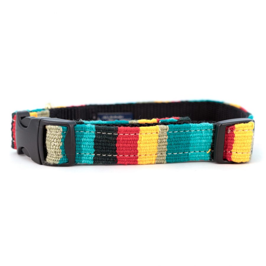 Handmade woven dog collar with multicolor stripe fabric and black plastic buckle